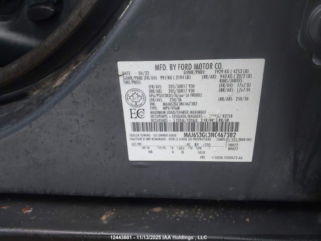 Aukcja sprzedaży 2022 Ford Ecosport Se, vin: MAJ6S3GL3NC467382, numer aukcji: 12443801