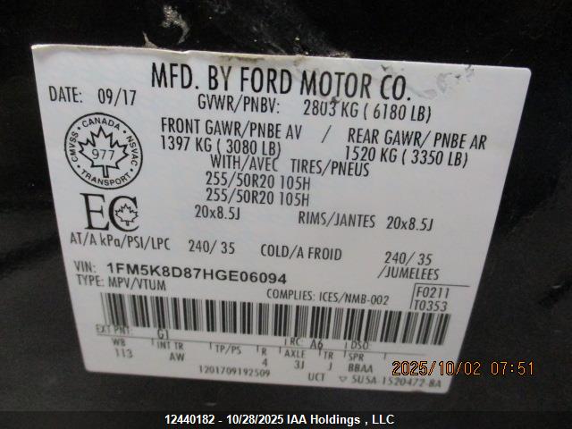 Ford EXPLORER XLT 2017 1FM5K8D87HGE06094 Image 33