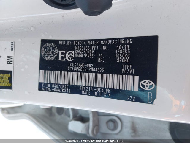 12443921 :رقم المزاد ، 5YFBPRBE8LP068896 vin ، 2020 Toyota Corolla Le مزاد بيع