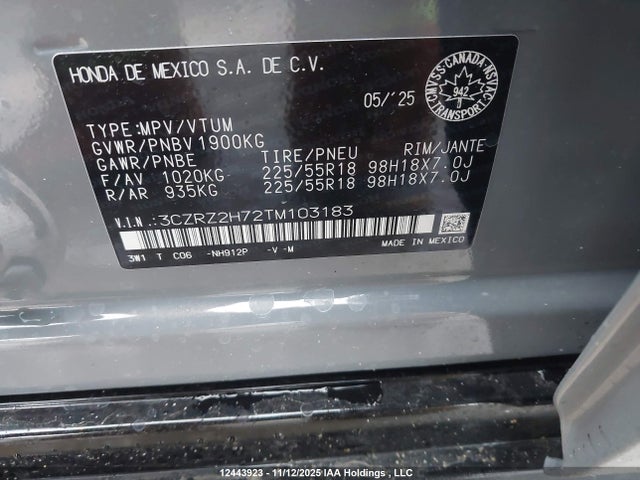 2026 Honda Hr-v Ex-l მანქანა იყიდება აუქციონზე, vin: 3CZRZ2H72TM103183, აუქციონის ნომერი: 12443923