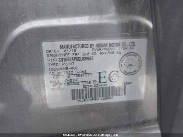 3N1AB7AP6GL639647 Nissan Sentra 1.8 S/1.8 Sl/1.8 Sr/1.8 Sv