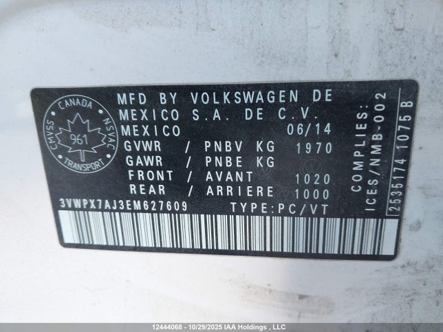 12444068 :رقم المزاد ، 3VWPX7AJ3EM627609 vin ، 2014 Volkswagen Golf مزاد بيع