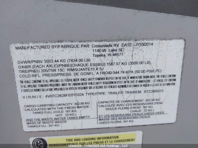 4V0TC2628FE015324 Crossroads Travel Trailer
