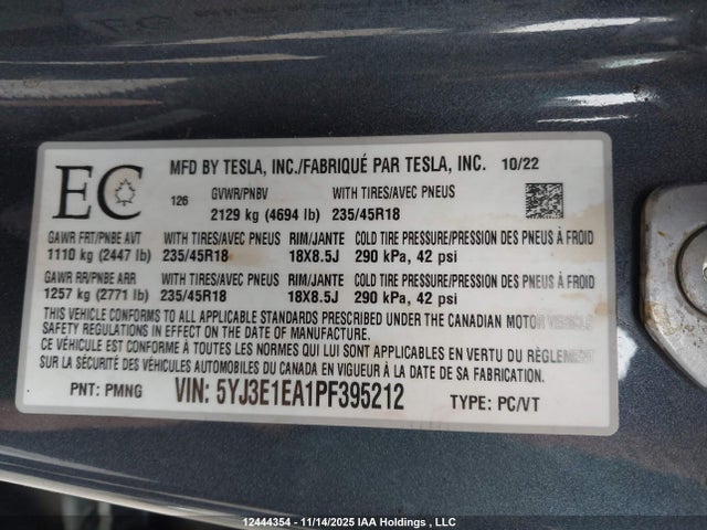 5YJ3E1EA1PF395212 Tesla Model 3 Rwd