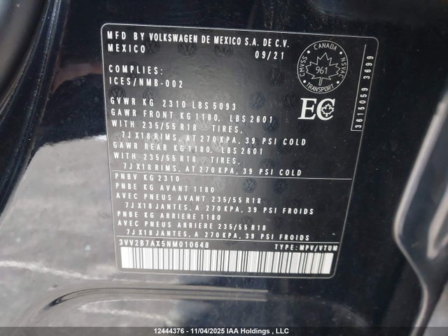 3VV2B7AX5NM010648 Volkswagen TIGUAN SE