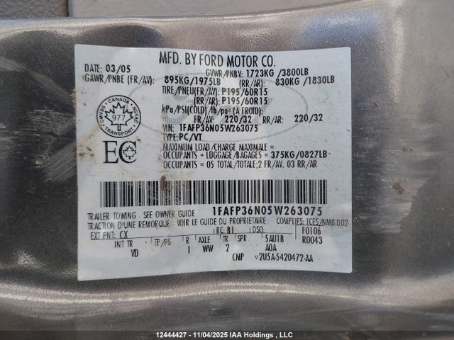 Aukcja sprzedaży 2005 Ford Focus Zxw, vin: 1FAFP36N05W263075, numer aukcji: 12444427