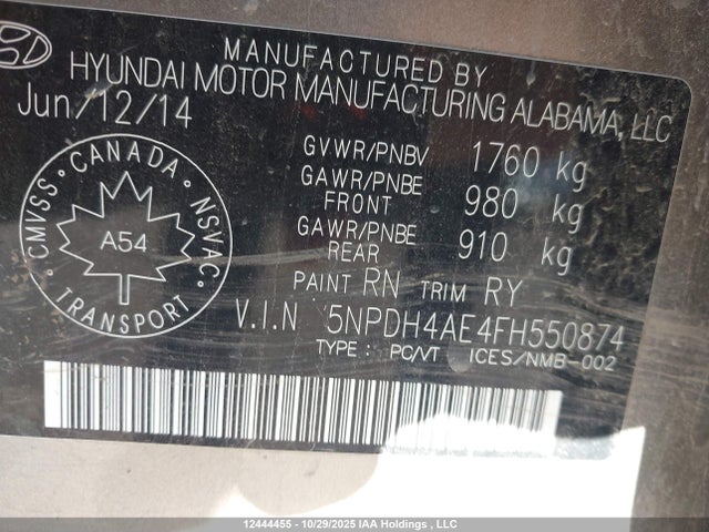 5NPDH4AE4FH550874 Hyundai ELANTRA GL