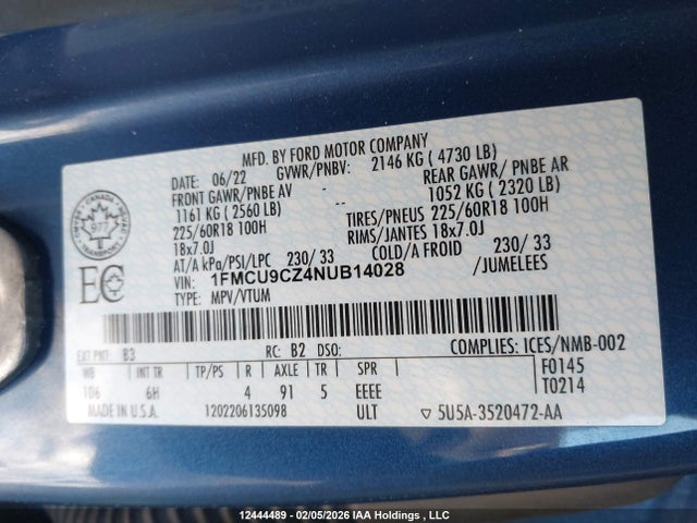 1FMCU9CZ4NUB14028 Ford ESCAPE SEL
