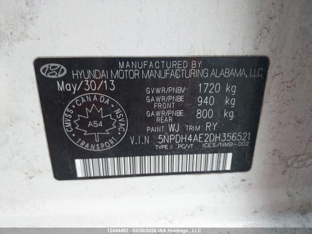 Продажа на аукционе авто 2013 Hyundai Elantra Limited, vin: 5NPDH4AE2DH356521, номер лота: 12444492
