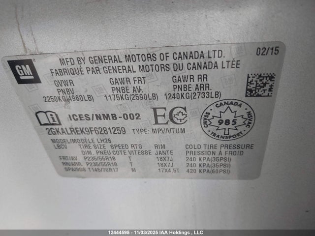 12444595 :رقم المزاد ، 2GKALREK9F6281259 vin ، 2015 Gmc Terrain Sle-2 مزاد بيع