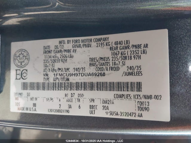 Продаж на аукціоні авто 2013 Ford Escape Sel, vin: 1FMCU9H97DUA69268, номер лоту: 12444834