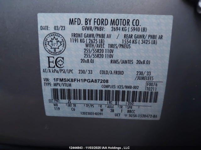 12444843 :رقم المزاد ، 1FMSK8FH1PGA87208 vin ، 2023 Ford Explorer Limited مزاد بيع