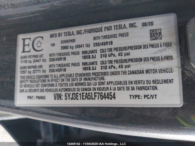 5YJ3E1EA5LF764454 Tesla MODEL 3