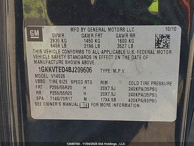 Aukcja sprzedaży 2011 Gmc Acadia Denali, vin: 1GKKVTED4BJ209606, numer aukcji: 12445164