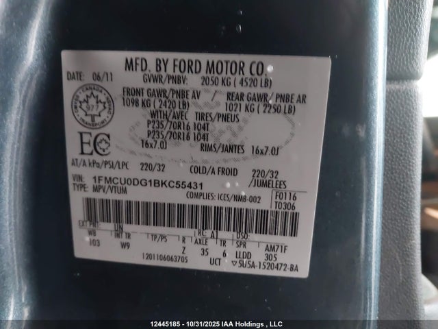 2011 Ford Escape Xlt მანქანა იყიდება აუქციონზე, vin: 1FMCU0DG1BKC55431, აუქციონის ნომერი: 12445185