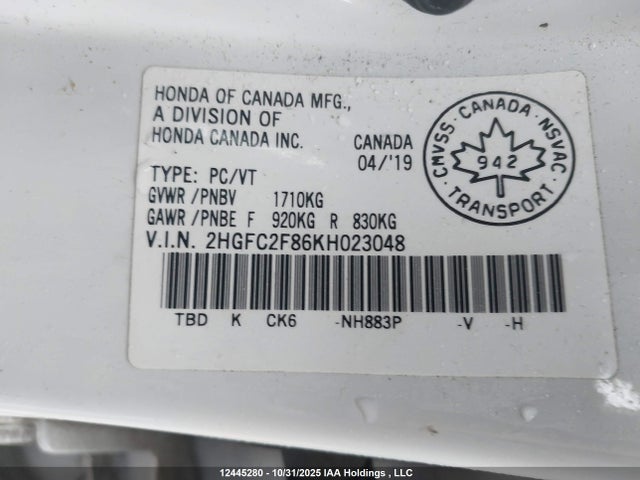 Продажа на аукционе авто 2019 Honda Civic Sport, vin: 2HGFC2F86KH023048, номер лота: 12445280