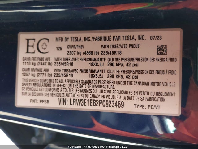 Tesla Model 3 Long Range 2023 LRW3E1EB2PC923469 Image 9