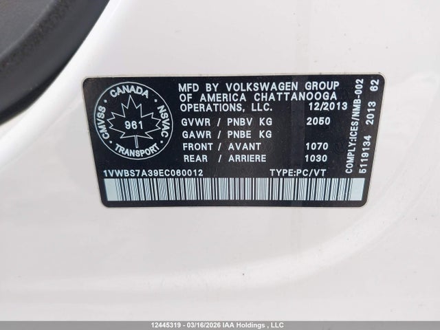 Aukcja sprzedaży 2014 Volkswagen Passat, vin: 1VWBS7A39EC060012, numer aukcji: 12445319