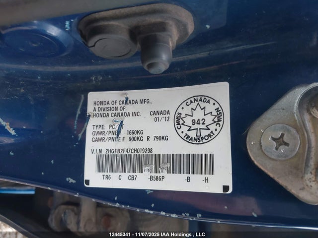 12445341 :رقم المزاد ، 2HGFB2F47CH019298 vin ، 2012 Honda Civic مزاد بيع