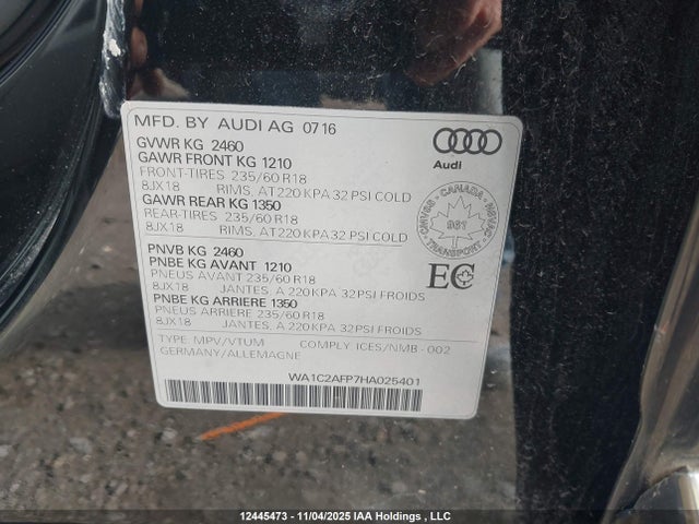12445473 :رقم المزاد ، WA1C2AFP7HA025401 vin ، 2017 Audi Q5 2.0t Komfort مزاد بيع
