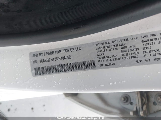 2022 Ram 1500 Limited მანქანა იყიდება აუქციონზე, vin: 1C6SRFHT3NN188062, აუქციონის ნომერი: 12445510