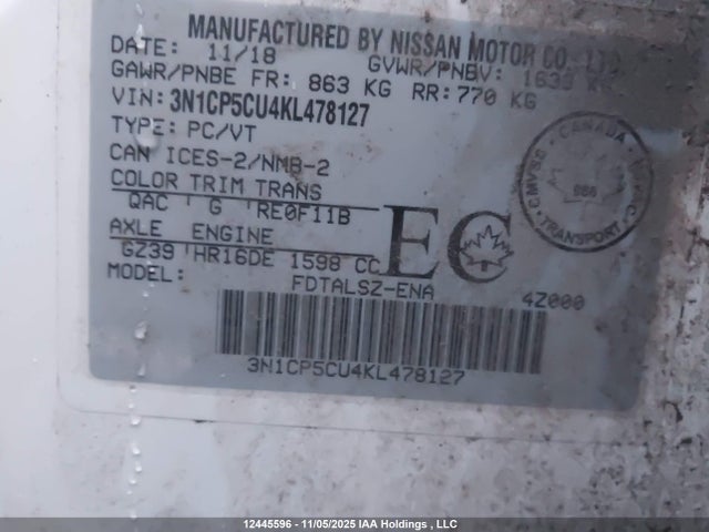 12445596 :رقم المزاد ، 3N1CP5CU4KL478127 vin ، 2019 Nissan Kicks S/sr/sv مزاد بيع