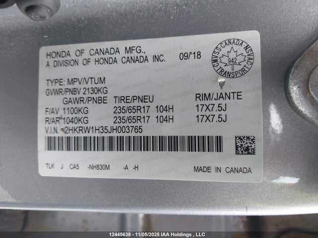 2HKRW1H35JH003765 Honda CR-V