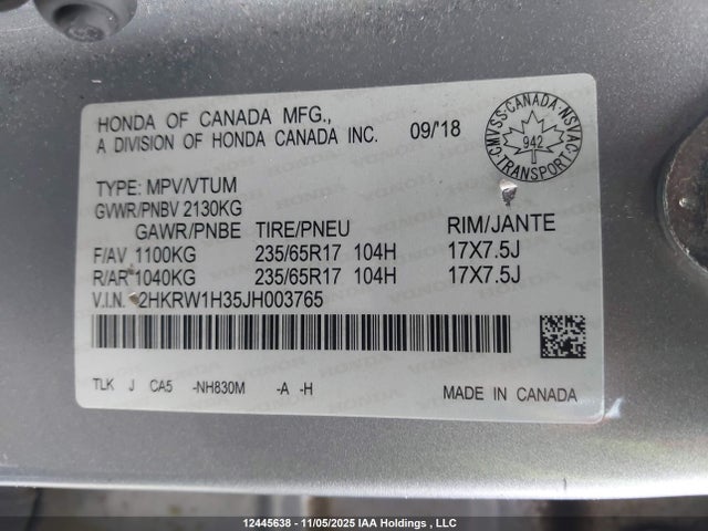 2HKRW1H35JH003765 Honda CR-V