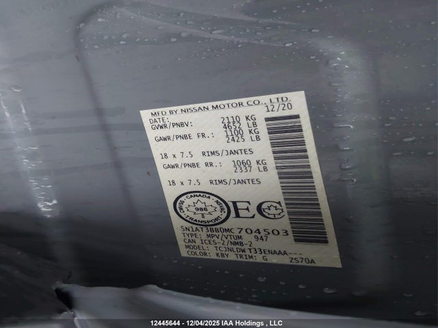 12445644 :رقم المزاد ، 5N1AT3BB0MC704503 vin ، 2021 Nissan Rogue مزاد بيع