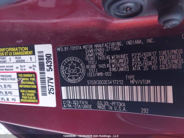 12445698 :رقم المزاد ، 5TDZK3DC0ES417212 vin ، 2014 Toyota Sienna 7 Passenger مزاد بيع