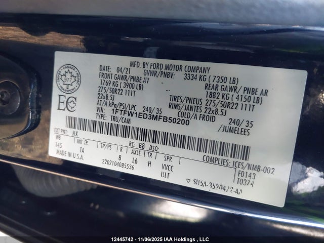 2021 Ford F-150 Limited მანქანა იყიდება აუქციონზე, vin: 1FTFW1ED3MFB50200, აუქციონის ნომერი: 12445742