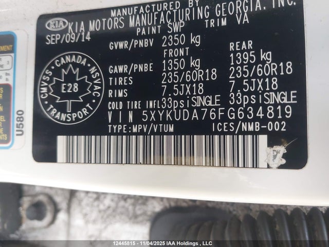 2015 Kia Sorento Ex V6 მანქანა იყიდება აუქციონზე, vin: 5XYKUDA76FG634819, აუქციონის ნომერი: 12445815