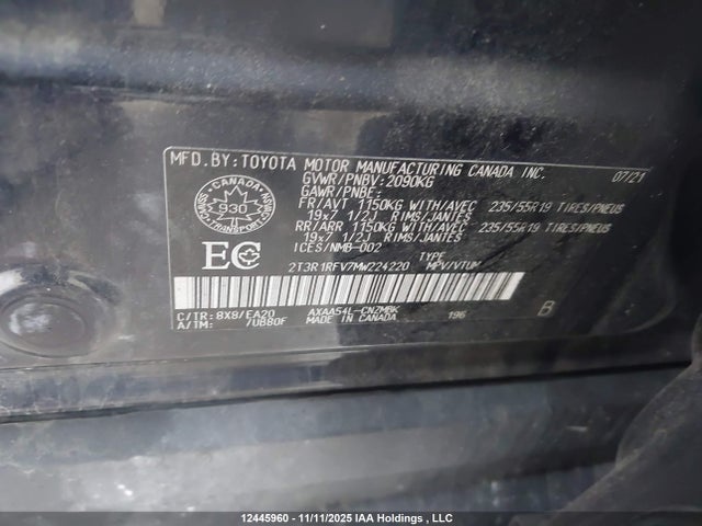 12445960 :رقم المزاد ، 2T3R1RFV7MW224220 vin ، 2021 Toyota Rav4 Xle/xle Premium مزاد بيع