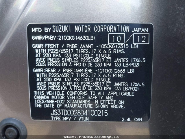 Продажа на аукционе авто 2013 Suzuki Grand Vitara, vin: JS3TD0D28D4100215, номер лота: 12446216