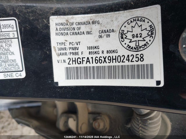 2009 Honda Civic Sdn მანქანა იყიდება აუქციონზე, vin: 2HGFA166X9H024258, აუქციონის ნომერი: 12446241
