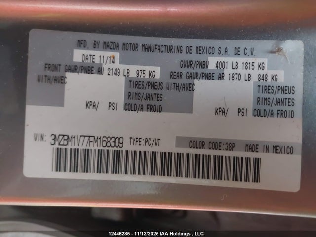 3MZBM1V77FM168309 Mazda Mazda3 Gs