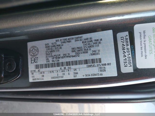 12446296 :رقم المزاد ، 1FTEW1EP7PKF64372 vin ، 2023 Ford F150 Supercrew مزاد بيع