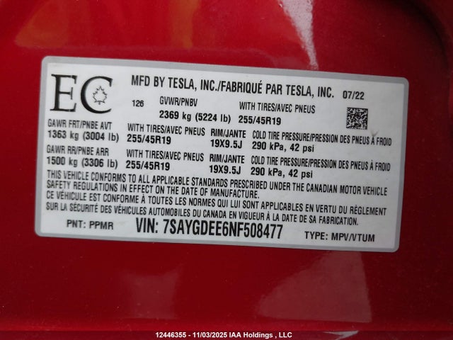 7SAYGDEE6NF508477 Tesla Model Y Long Range