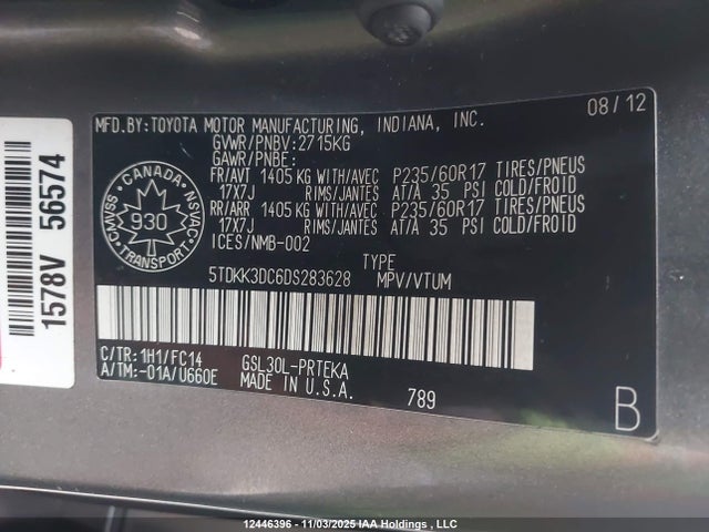 2013 Toyota Sienna Le V6 მანქანა იყიდება აუქციონზე, vin: 5TDKK3DC6DS283628, აუქციონის ნომერი: 12446396
