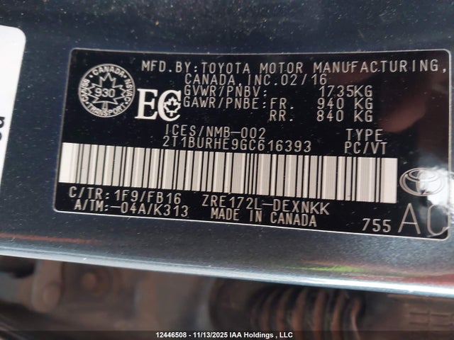 2T1BURHE9GC616393 Toyota Corolla L/le/le Pls/prm/s/s Pls