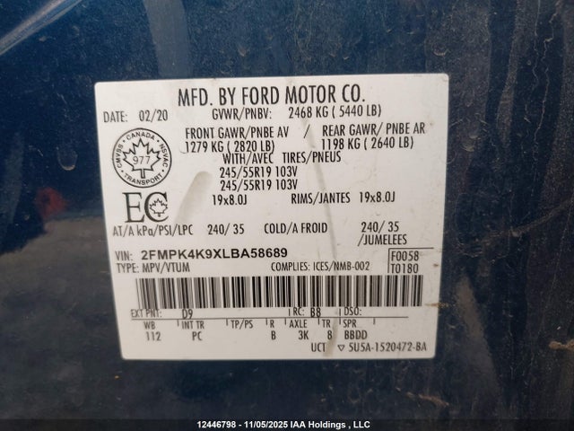12446798 :رقم المزاد ، 2FMPK4K9XLBA58689 vin ، 2020 Ford Edge Titanium مزاد بيع