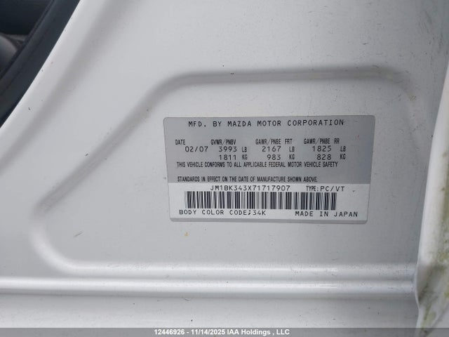 Продаж на аукціоні авто 2007 Mazda Mazda3 Gs/gt, vin: JM1BK343X71717907, номер лоту: 12446926