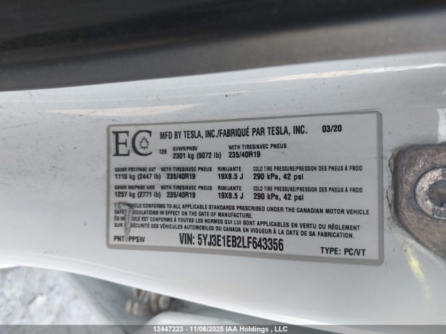 5YJ3E1EB2LF643356 Tesla Model 3 Long Range