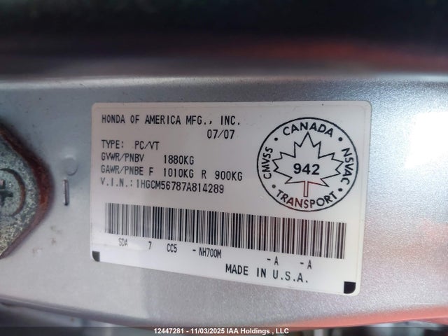 Продажа на аукционе авто 2007 Honda Accord Ex, vin: 1HGCM56787A814289, номер лота: 12447281