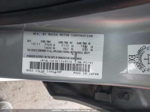12447541 :رقم المزاد ، JM1BL1UF0C1549510 vin ، 2012 Mazda Mazda3 Gx مزاد بيع