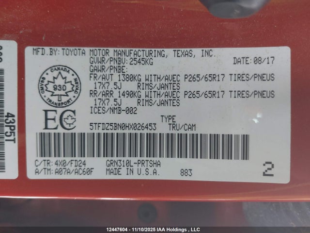5TFDZ5BN0HX026453 Toyota Tacoma Dbl Cab/sr5/trd Sport/or