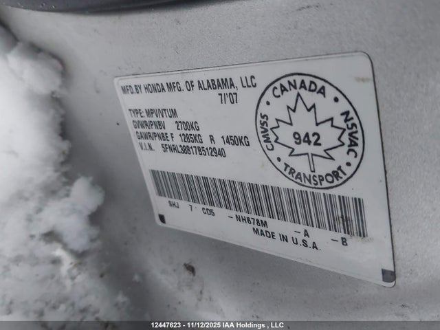Продажа на аукционе авто 2007 Honda Odyssey Touring, vin: 5FNRL38817B512940, номер лота: 12447623