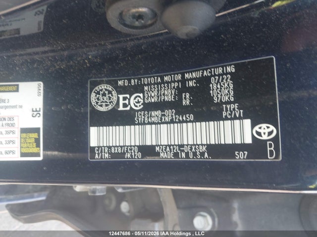 2022 Toyota Corolla Se მანქანა იყიდება აუქციონზე, vin: 5YFB4MBEXNP124450, აუქციონის ნომერი: 12447686