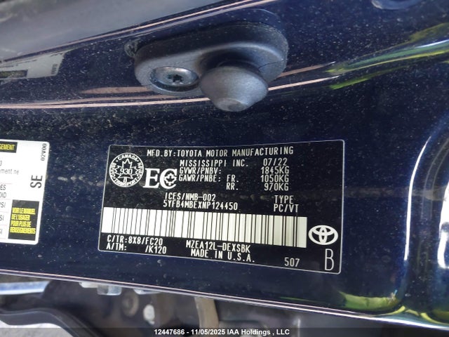 2022 Toyota Corolla Se მანქანა იყიდება აუქციონზე, vin: 5YFB4MBEXNP124450, აუქციონის ნომერი: 12447686