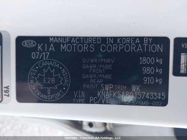 12447688 :رقم المزاد ، KNAFK5A80J5743345 vin ، 2018 Kia Forte 2.0l Lx+ مزاد بيع